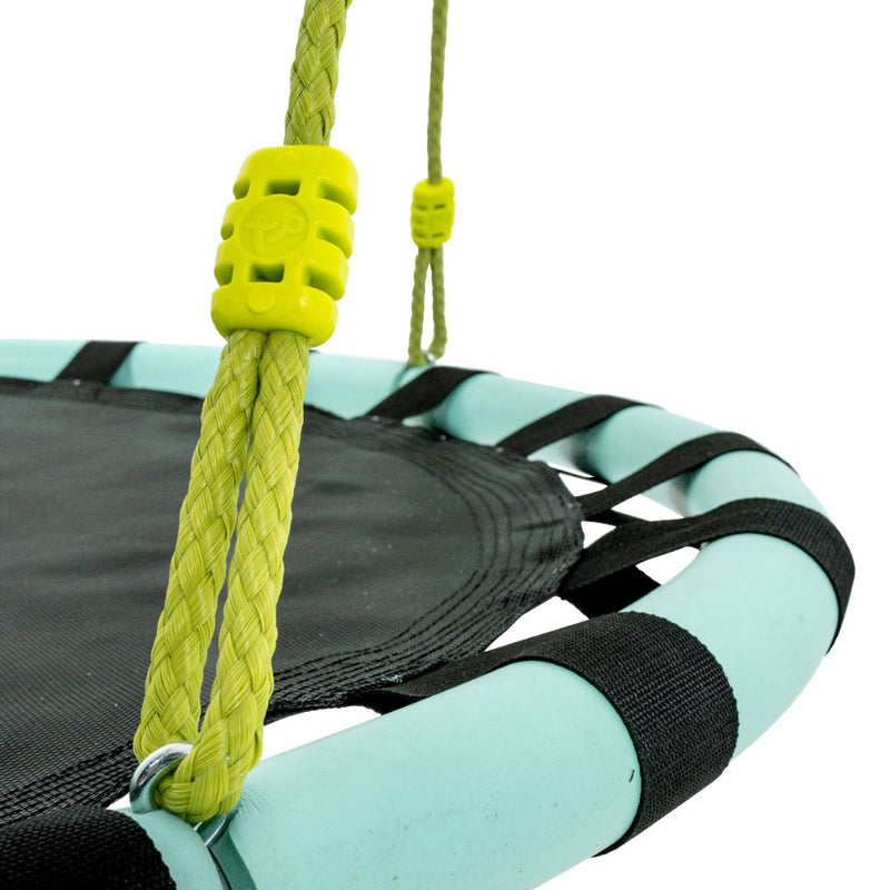 Close-up of the TP Toys Giant Nest Metal Swing Set, featuring a black seat, light blue padded frame, and yellow braided ropes with adjustable clips—ideal for your backyard play space.