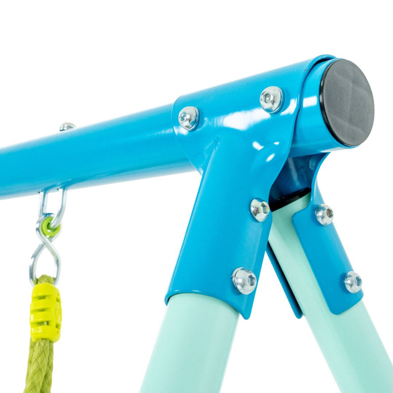 Close-up of the TP Toys TP Giant Nest Metal Swing Set in blue and light green, featuring a yellow, height-adjustable swing rope secured with a metal hook.