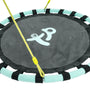 Close-up of a round TP Toys Giant Nest Swing in black and teal with yellow ropes attached; a white smiling face decorates the seat. Part of the TP Giant Nest Metal Swing Set.