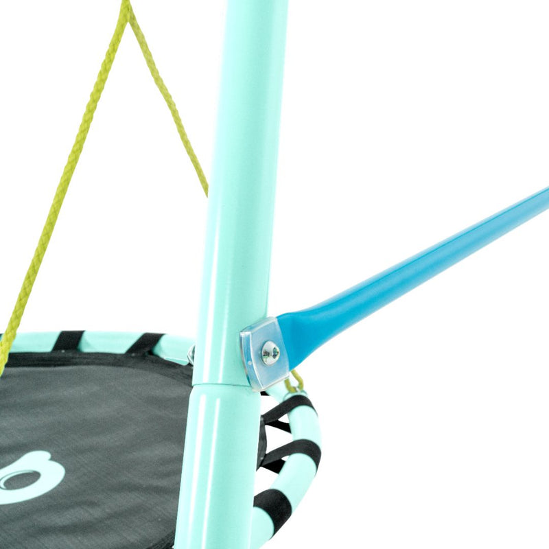Close-up of the teal and black TP Toys TP Giant Nest Metal Swing Set, featuring yellow rope and a blue support bar, perfect for any backyard fun.