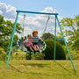 Two children sit together on the TP Toys Giant Nest, part of the TP Giant Nest Metal Swing Set, enjoying a sunny day in a grassy garden.