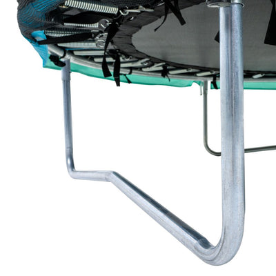 Close-up of the TP Toys TP UP 6ft Trampoline’s sturdy metal frame and springs, shown from underneath against a white background.