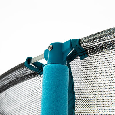 Close-up of the blue foam-covered pole supporting the black safety net on the TP Toys TP UP 6ft Trampoline, showcasing its sturdy metal frame and enhanced safety features.