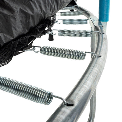A close-up of the TP Toys TP Up 8ft Trampoline, showcasing its robust construction and unique zip-free entry for enhanced convenience and safety.