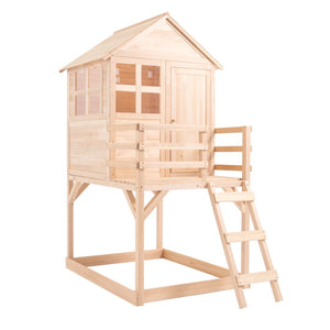 The TP Toys Buttercup Cottage Wooden Playhouse with Deck is made from light-colored, unfinished FSC® certified wood and features stilts, a ladder, small porch, windows, and a door.