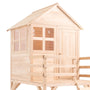 The TP Toys Buttercup Cottage Wooden Playhouse with Deck is made from unfinished light-colored FSC® certified wood and features a peaked roof, windows, door, and fenced porch for outdoor play.