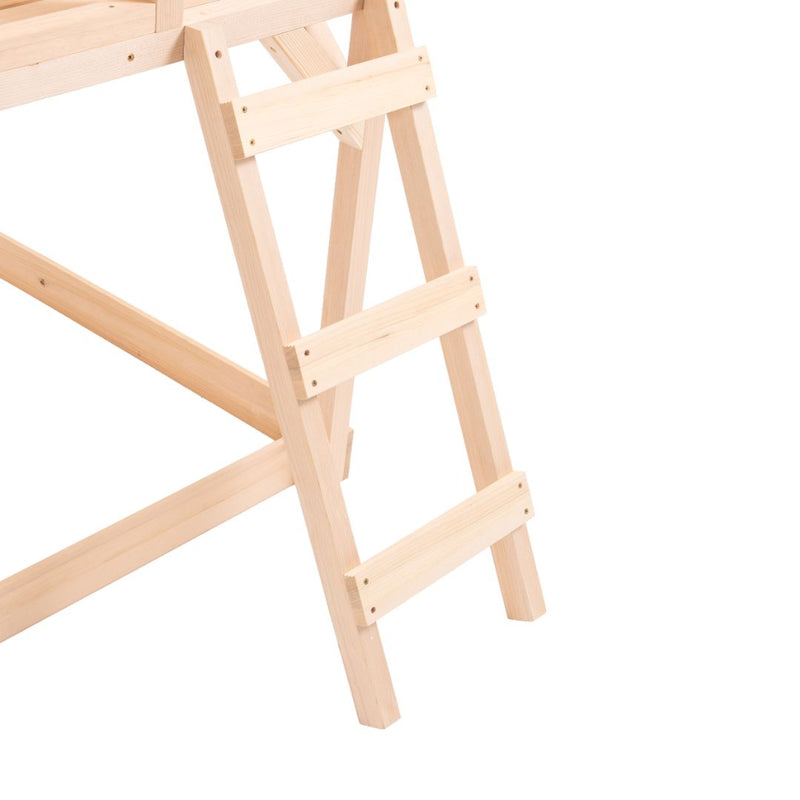 A close-up of the Buttercup Cottage Wooden Playhouse with Deck by TP Toys, made from FSC® certified wood, highlights the three-step ladder and part of its sturdy supporting structure.