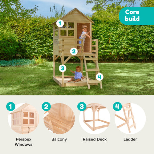Children enjoying hours of imaginative fun in the TP Toys Buttercup Cottage Wooden Playhouse with Deck – FSC® certified, featuring perspex windows, a balcony, raised deck, and ladder, set in a grassy backyard surrounded by trees and bushes for the perfect garden playhouse experience.