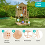 Children enjoying hours of imaginative fun in the TP Toys Buttercup Cottage Wooden Playhouse with Deck – FSC® certified, featuring perspex windows, a balcony, raised deck, and ladder, set in a grassy backyard surrounded by trees and bushes for the perfect garden playhouse experience.