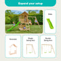Children play on the Buttercup Cottage Wooden Playhouse with Deck & 6ft Wavy Slide by TP Toys, a FSC® certified outdoor playhouse featuring a wavy slide, swing arm, and verandah. Three smaller images highlight optional attachments for this TP Toys playhouse: verandah, single swing arm, and double swing arm configurations.