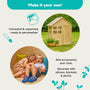 Promotional graphic for the TP Toys Buttercup Cottage Wooden Playhouse with Deck – FSC® certified, shown unpainted in a garden. Two young children laugh inside. Text encourages personalising your TP Toys outdoor playhouse with paint and accessories.