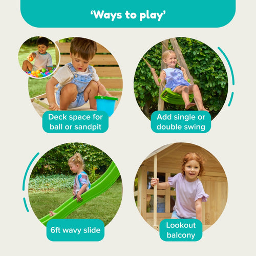 Four images show children enjoying outdoor play: building in the sand, swinging on the double swing arm, zooming down the 6ft wavy slide, and standing on the verandah of the Buttercup Cottage Wooden Playhouse with Deck by TP Toys—beautifully crafted from FSC® certified wood.