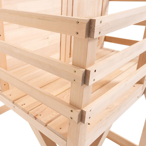 Close-up view of the Buttercup Cottage Wooden Playhouse with Deck by TP Toys, crafted from FSC® certified wood with visible screws and slats, set against a white background.