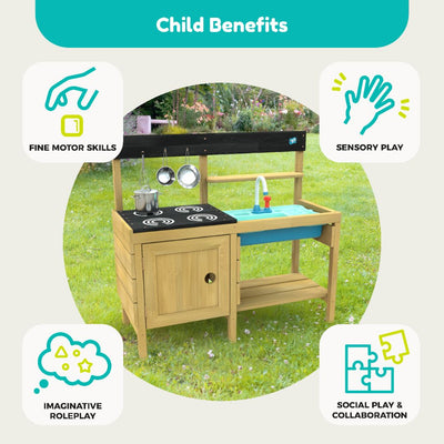 The TP Toys TP Junior Chef Wooden Mud Kitchen with Working Tap & Sink (FSC® certified) promotes fine motor skills, sensory and social play, plus imaginative roleplay. Made from FSC® certified wood for safe, sustainable fun.