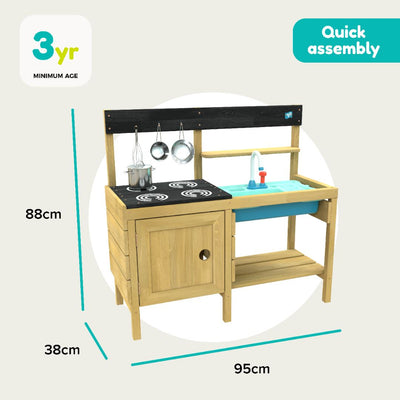 The TP Toys TP Junior Chef Wooden Mud Kitchen with Working Tap & Sink is made from FSC® certified wood. Features include cookware, a functional sink and stove. Measures 88x95x38cm. Suitable for ages 3+. Quick assembly label included.