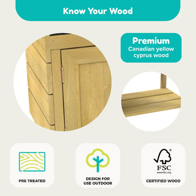 Close-up of the TP Toys TP Junior Chef Wooden Mud Kitchen with Working Tap & Sink, crafted from FSC® certified wood, featuring premium Canadian yellow cypress with icons for pre-treatment, outdoor use, and certification.