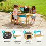 Two children play outdoors with the TP Deluxe Wooden Mud Kitchen by TP Toys. FSC® certified, it features a blackboard, extendable worktop, hobs with oven door, and shelves—four unique elements for hours of outdoor fun.
