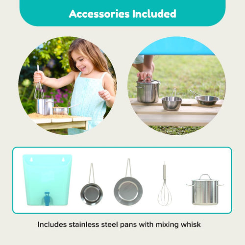 A girl uses a whisk and pan outdoors in her TP Toys Deluxe Wooden Mud Kitchen (FSC® certified); three metal bowls are nearby. Images show a water dispenser, two pans, whisk, and pot. Includes stainless steel pans with mixing whisk for outdoor play.
