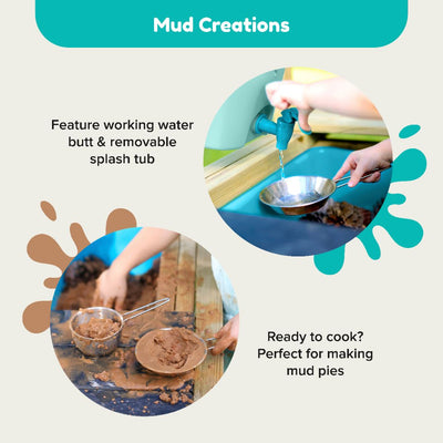 Two circular images feature a child using the TP Deluxe Wooden Mud Kitchen - FSC® certified by TP Toys, showing creative water play with a splash tub and mud pie making with utensils, highlighting its fun features for imaginative outdoor play.