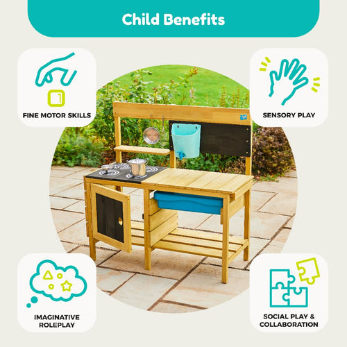 The TP Deluxe Wooden Mud Kitchen by TP Toys is an FSC® certified outdoor playset, featuring icons and text that highlight benefits like fine motor skills, sensory play, imaginative roleplay, and social collaboration for kids.