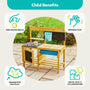 The TP Deluxe Wooden Mud Kitchen by TP Toys is an FSC® certified outdoor playset, featuring icons and text that highlight benefits like fine motor skills, sensory play, imaginative roleplay, and social collaboration for kids.
