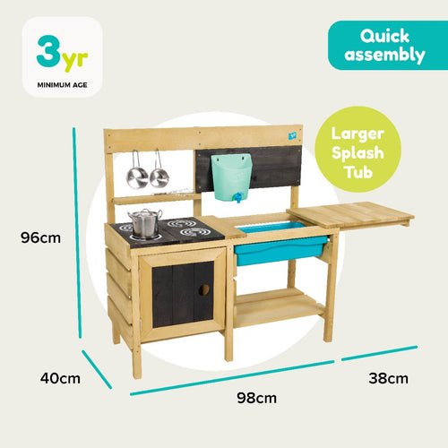 The TP Deluxe Wooden Mud Kitchen by TP Toys, FSC® certified, features a stove, sink, splash tub, shelves, hanging utensils; measures 96cm high, 98cm wide, with 40cm/38cm deep sections. Suitable for children ages 3 and up.