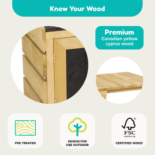 Close-up of TP Deluxe Wooden Mud Kitchen by TP Toys—crafted from FSC® certified premium Canadian yellow cypress, pre-treated for durability. Ideal as an outdoor play kitchen or wooden mud kitchen.