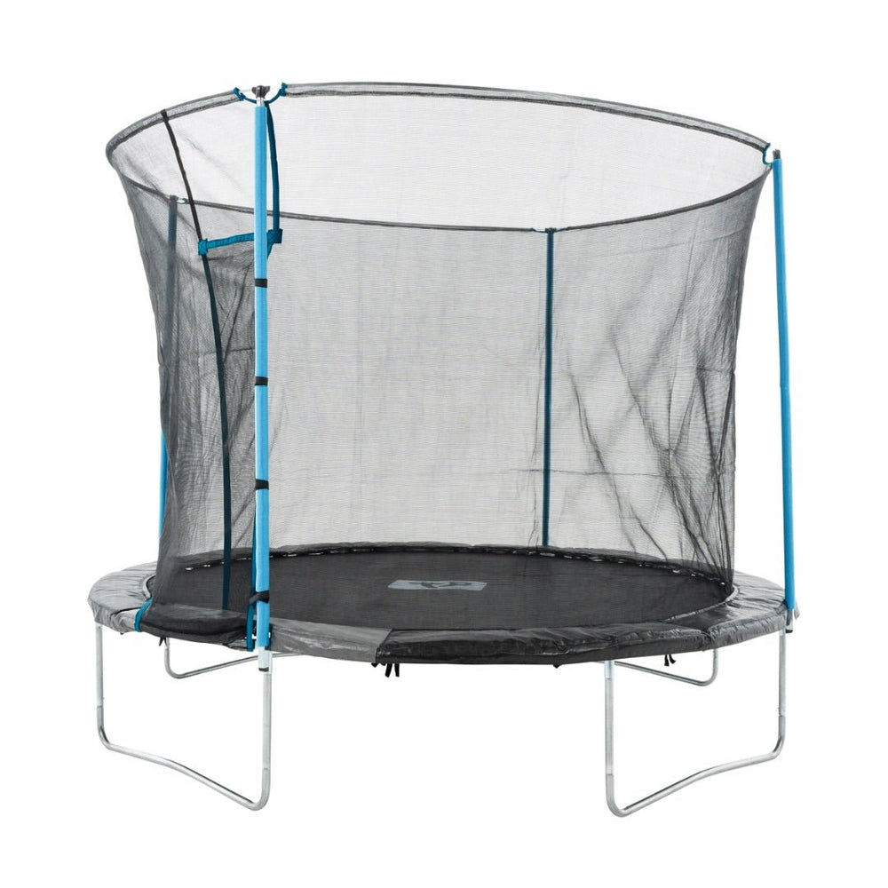 The TP Toys TP Up 10ft Trampoline features a safety net enclosure, blue support poles, and protective bounce pads on a sturdy metal frame, displayed against a white background.