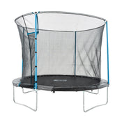 The TP Toys TP Up 10ft Trampoline features a safety net enclosure, blue support poles, and protective bounce pads on a sturdy metal frame, displayed against a white background.