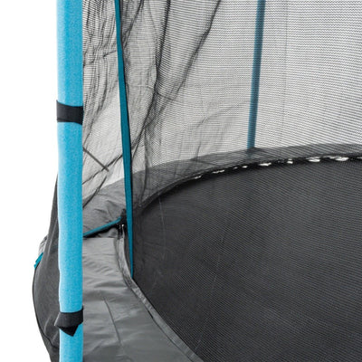 Close-up of the TP Toys TP Up 10ft Trampoline featuring a black jumping mat, safety netting, blue padded poles, and a gray edge pad—ideal as a safe trampoline for kids.