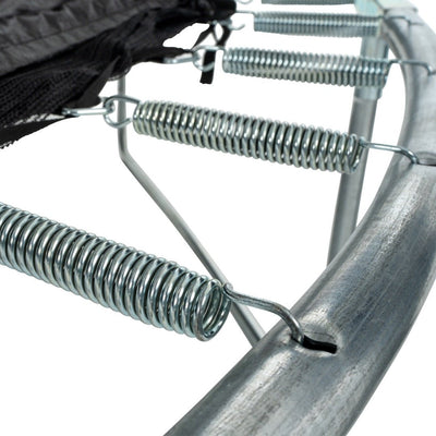 Close-up of metal springs attached to the frame of a TP Toys TP Up 10ft Trampoline, highlighting connection points and part of the trampoline mat.