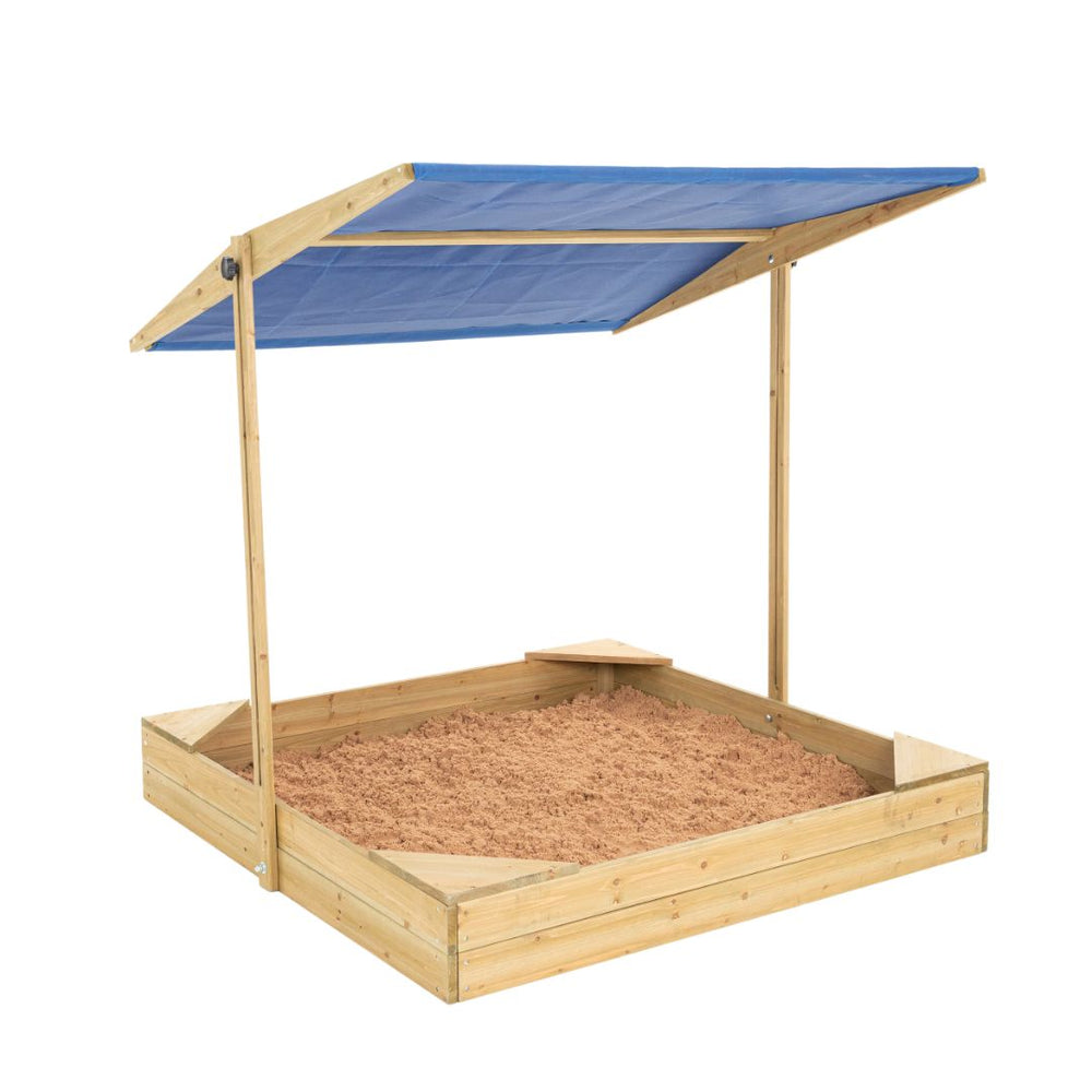 The TP Toys TP Wooden Sandpit with Sun Canopy features four corner seats, an adjustable blue canopy for shade, and is crafted from FSC certified wood.