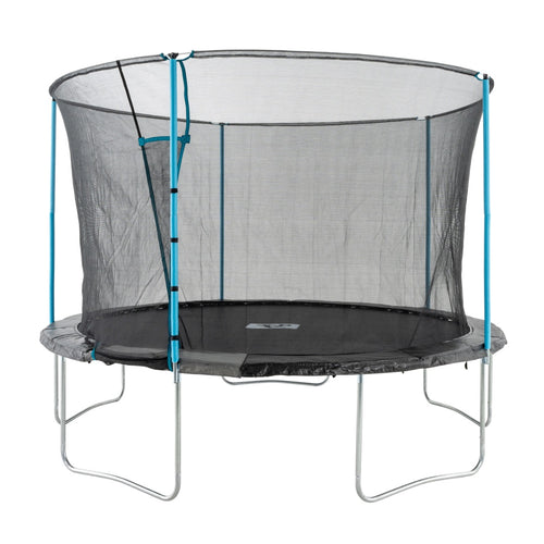 The TP Up 12ft Trampoline by TP Toys features a black safety net enclosure, blue support poles, and silver metal legs—ideal for safe outdoor fun.