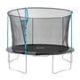 The TP Up 12ft Trampoline by TP Toys features a black safety net enclosure, blue support poles, and silver metal legs—ideal for safe outdoor fun.