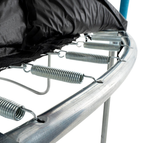 Close-up of the TP Up 12ft Trampoline frame by TP Toys, showing sturdy metal springs securely connecting the mat to the frame—ideal for any backyard setup.