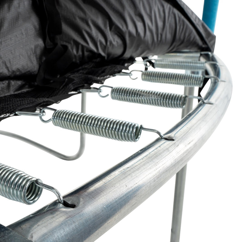 Close-up of the TP Up 12ft Trampoline frame by TP Toys, showing sturdy metal springs securely connecting the mat to the frame—ideal for any backyard setup.
