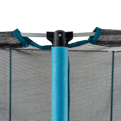 Close-up of a TP Toys Up 12ft Trampoline safety net secured to a blue foam-covered pole with a black plastic connector—ideal for enhancing the safety of your garden trampoline.