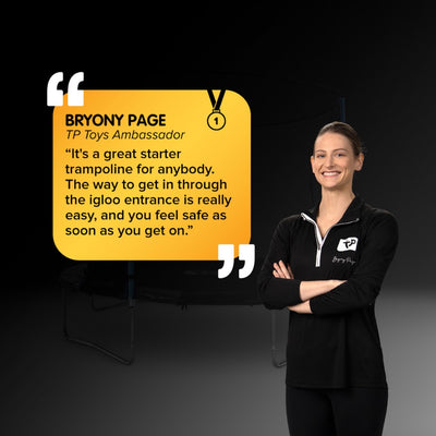 A woman in a black TP Toys outfit smiles with arms crossed beside a quote about the TP Up 14ft Trampoline, attributed to Bryony Page, TP Toys Ambassador. The TP Up 14ft Trampoline is visible in the background.