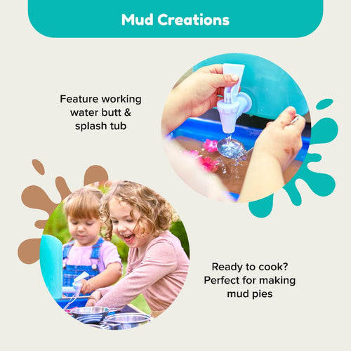 Two children enjoy outdoor play with the TP Toys TP Little Chef Wooden Mud Kitchen – FSC® certified. This mud kitchen includes utensils, pans, a splash tub, and a working water butt for endless creative fun.
