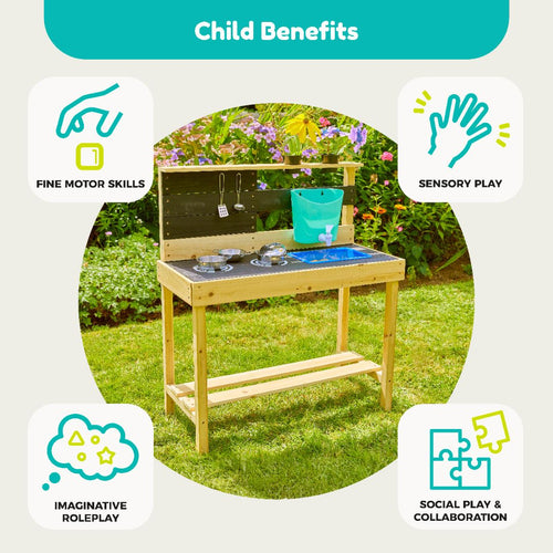 The TP Toys TP Little Chef Wooden Mud Kitchen - FSC® certified comes with a sink and accessories. Icons show benefits: fine motor skills, sensory play, imaginative roleplay, social play & collaboration—a perfect outdoor fun kitchen.