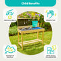 The TP Toys TP Little Chef Wooden Mud Kitchen - FSC® certified comes with a sink and accessories. Icons show benefits: fine motor skills, sensory play, imaginative roleplay, social play & collaboration—a perfect outdoor fun kitchen.