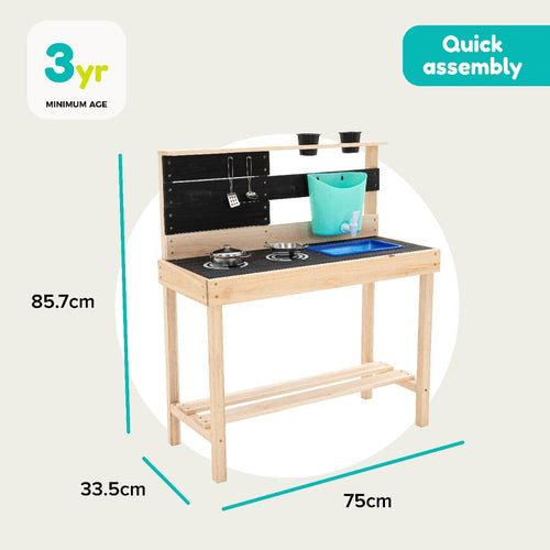 The TP Little Chef Wooden Mud Kitchen by TP Toys is made from FSC® certified wood, featuring a sink, stovetop, utensils, and shelves. At 85.7cm high, 75cm wide, and 33.5cm deep, it’s ideal for imaginative outdoor play for ages 3+.