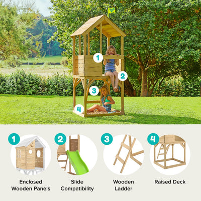 Two children enjoy the TP Toys Build Your Own TP Treehouse Wooden Play Tower—FSC® certified—with an upper deck, wooden ladder, enclosed panels, and slide on a grassy lawn with trees in the background.