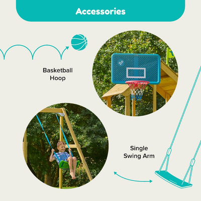 Illustration of a basketball hoop and swing arm on the TP Toys Build Your Own TP Treehouse Wooden Play Tower - FSC® certified, with photos of a boy swinging and a hoop attached to the outdoor wooden playset.
