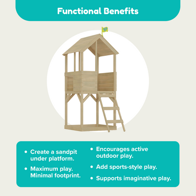 The Build Your Own TP Treehouse Wooden Play Tower from TP Toys is made from FSC® certified wood, features stairs, a flag, and sandpit space. Its compact design supports sports and imaginative play; enhance the fun with optional playhouse accessories.