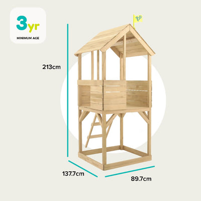 The TP Toys Build Your Own TP Treehouse Wooden Play Tower is crafted from FSC® certified wood, features a ladder, measures 213 cm high, 137.7 cm wide, 89.7 cm deep, and is suitable for children aged 3 and above.