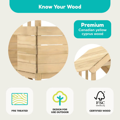 Close-up images of the Build Your Own TP Treehouse Wooden Play Tower by TP Toys, crafted from FSC® certified Canadian yellow cypress, pre-treated for durability, outdoor use, and compatible with a range of playhouse accessories.