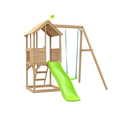 The TP Toys TP Treehouse Wooden Play Tower with Wavy Slide & Swing Arm (FSC® certified) features a small house, wavy slide, ladder, swing, and yellow flag on top; shown against a white background.