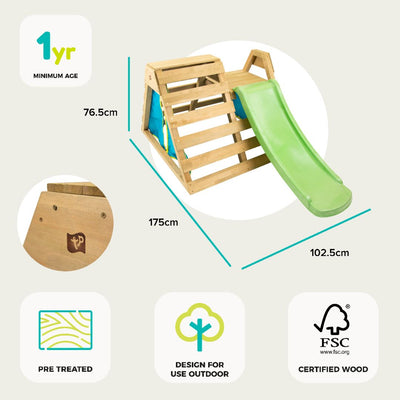 The TP Toys TP Wooden Toddler Climb & Slide is an FSC® certified outdoor play structure for ages 1+, featuring a green slide and play frame. Dimensions: 76.5cm H x 175cm L x 102.5cm W. Made from pre-treated wood.