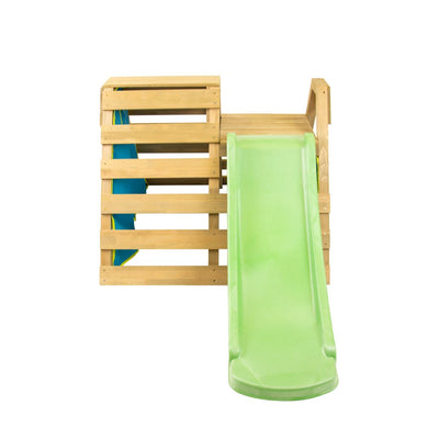 The TP Toys TP Wooden Toddler Climb & Slide - FSC® certified features horizontal slats, a blue climbing wall on the left, and a green slide extending forward—ideal for active play.